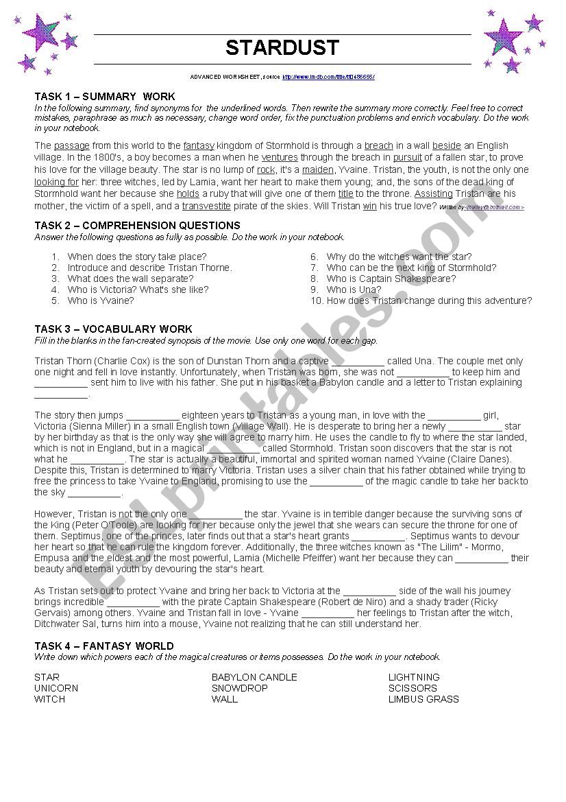 STARDUST - ADVANCED COMPREHENSION WORKSHEET