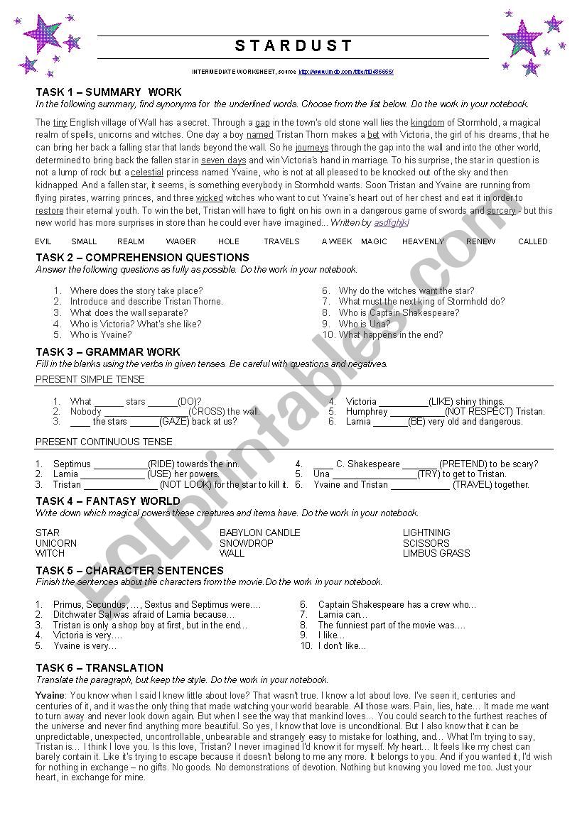 STARDUST - INTERMEDIATE COMPREHENSION WORKSHEET