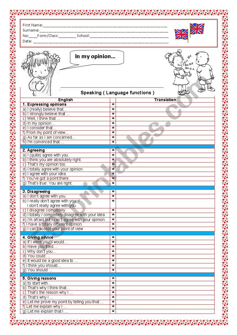 Language Functions (Speaking) worksheet