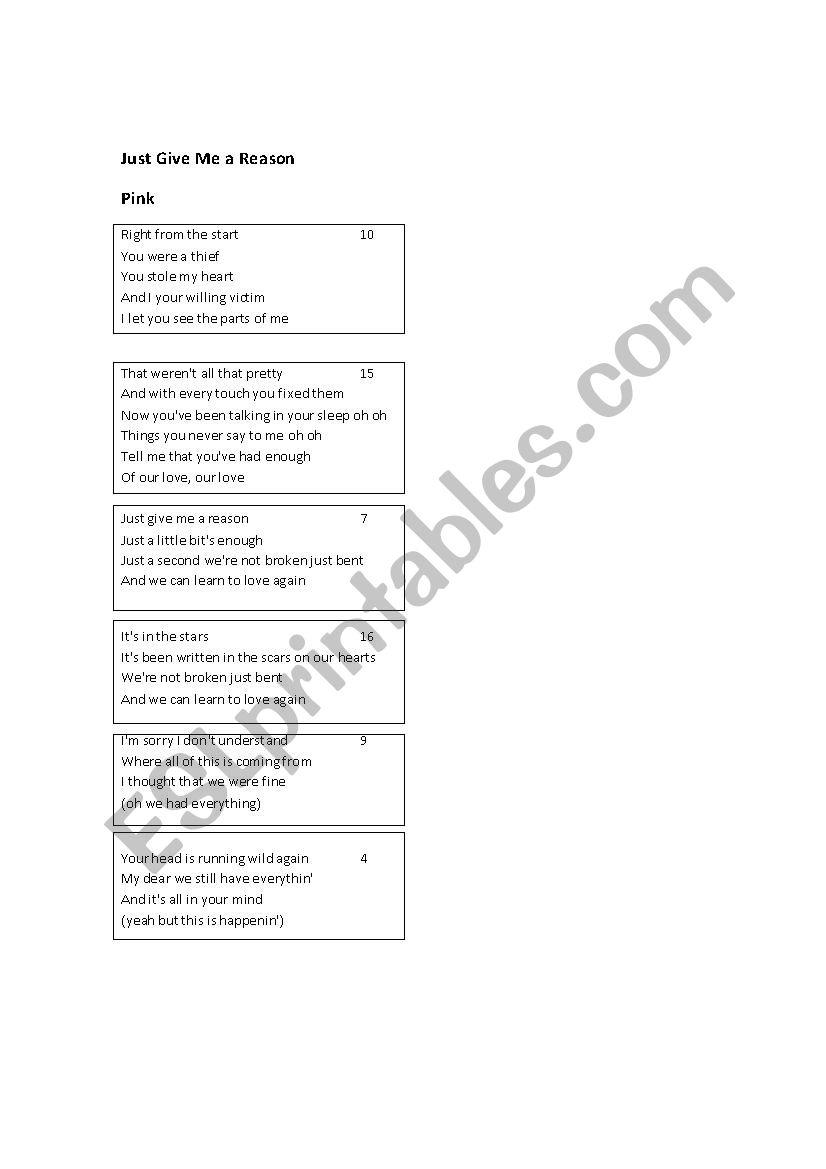 Just give me a reason by pink worksheet