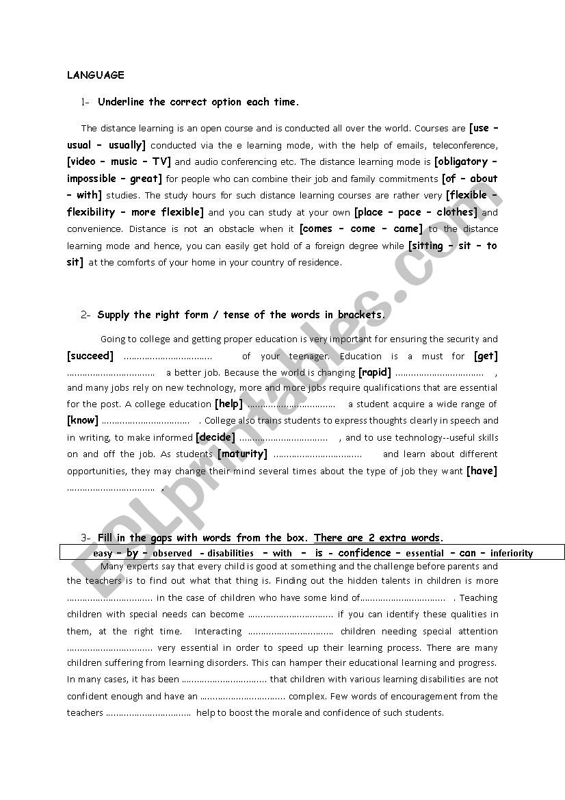 language tasks  worksheet