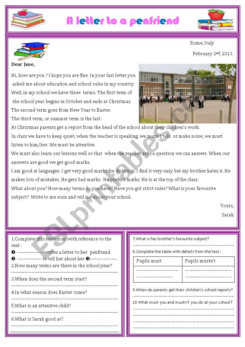 a letter to a penfriend worksheet