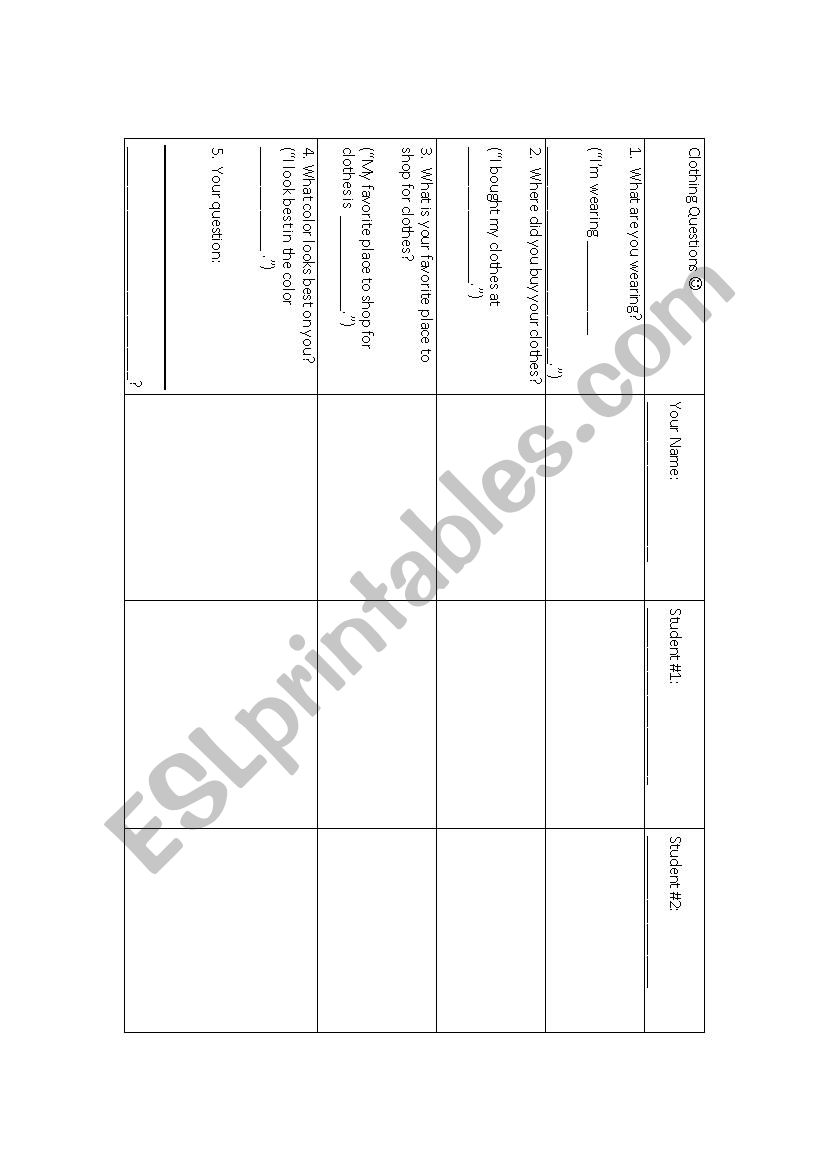 Clothing Question Grid worksheet