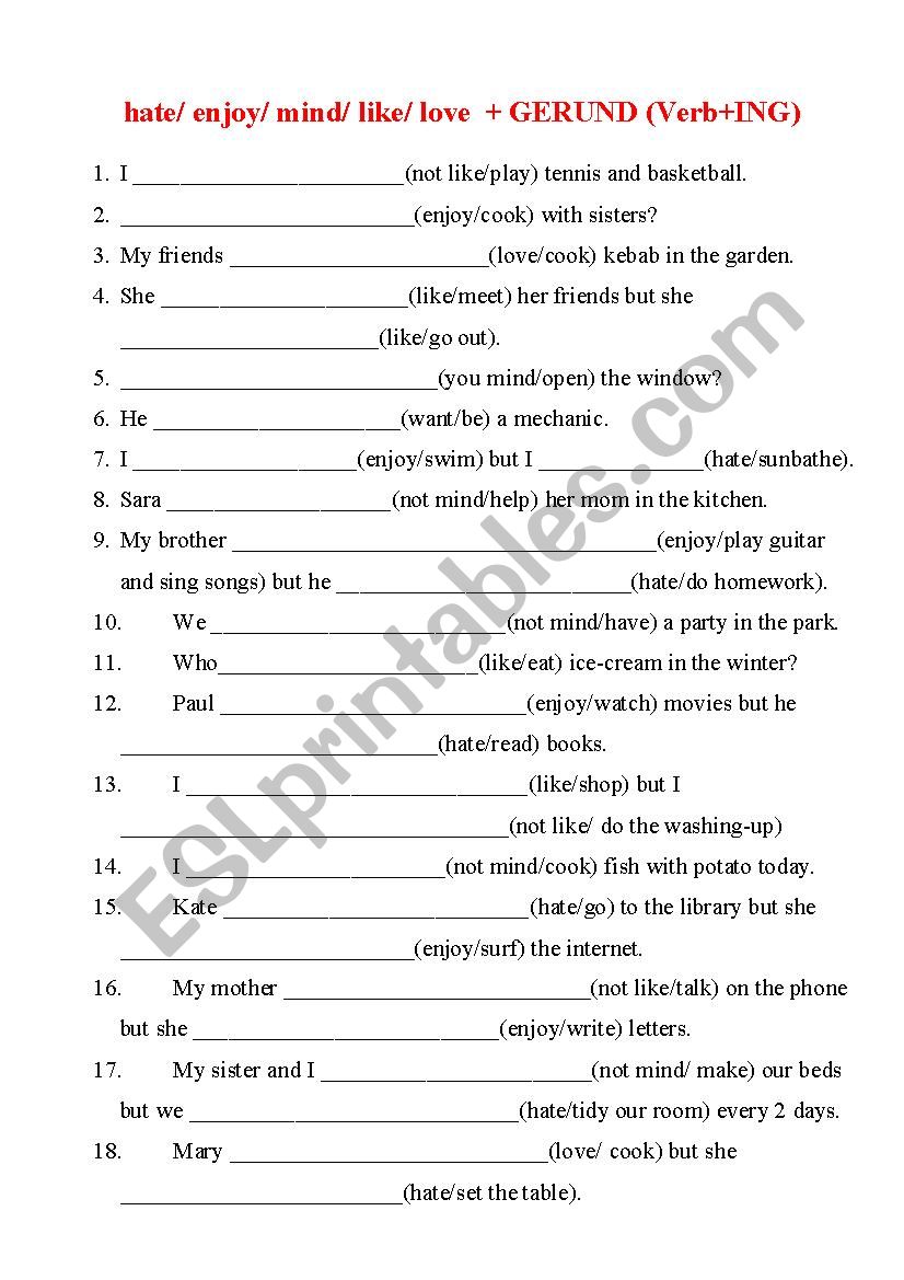 verb+gerund worksheet