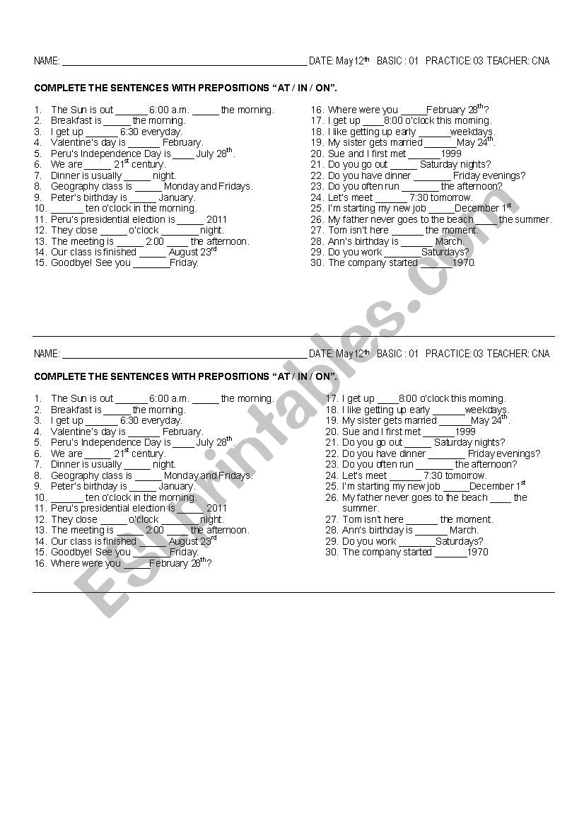 Prepositions of time  worksheet