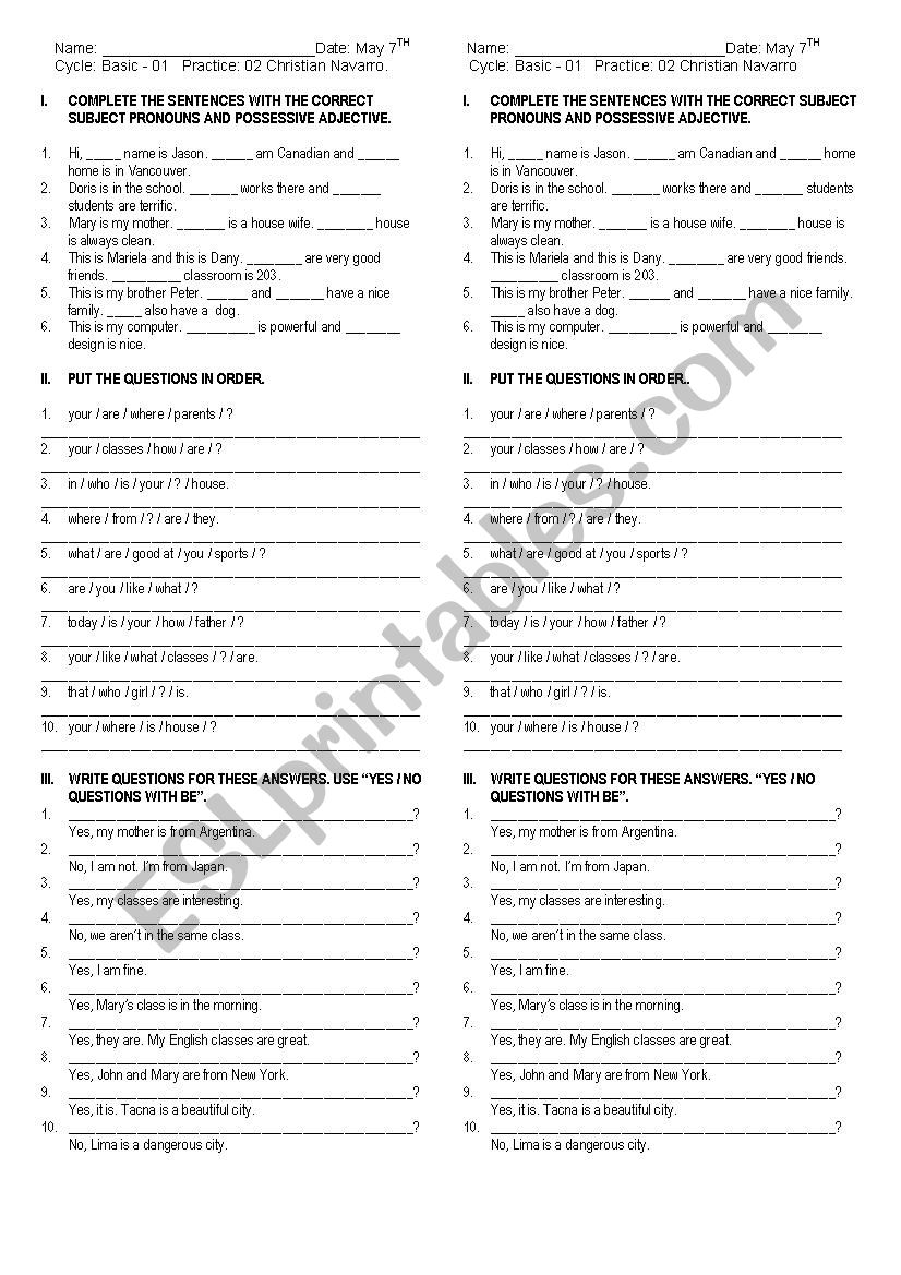 Possesives adjectives and Subject Pronouns and statements with BE