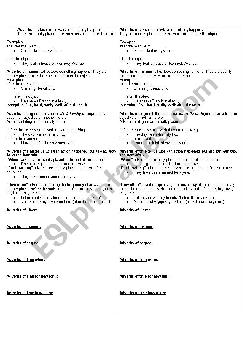 Position of Adverbs (Part 1) worksheet