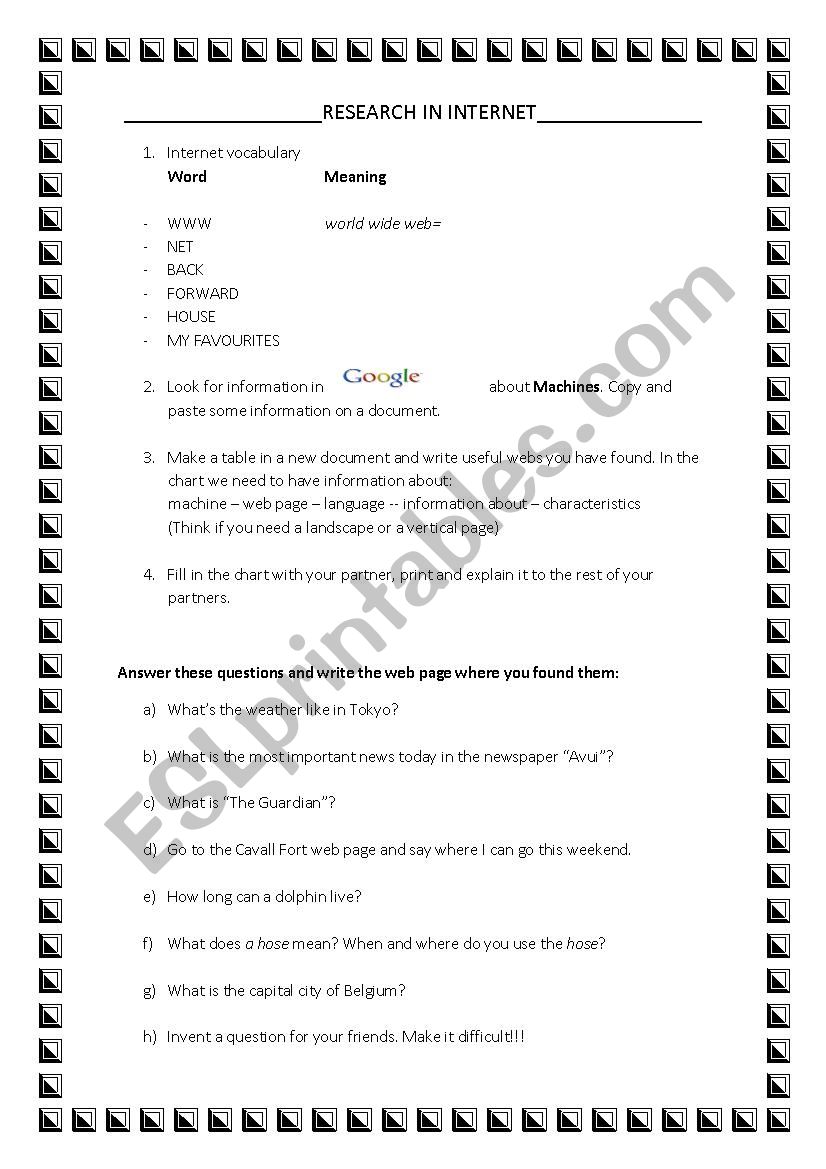 Research in Internet worksheet