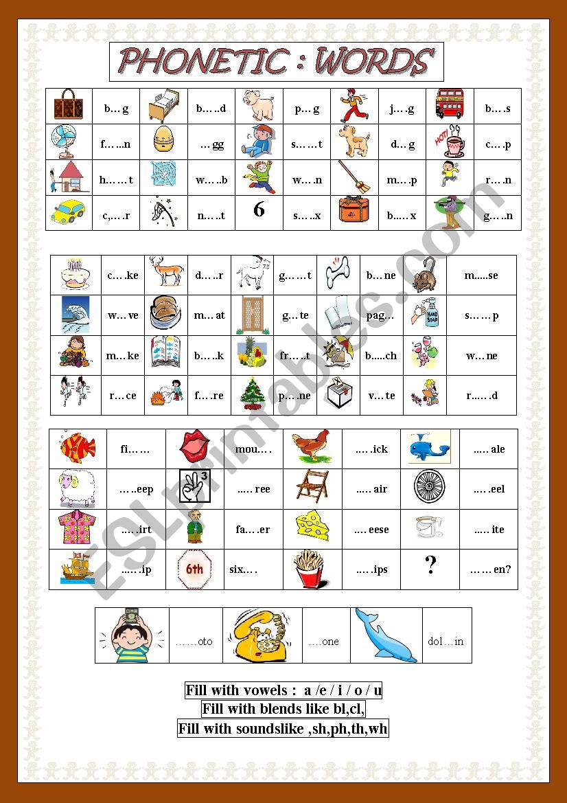 Words(CVC,Blends,Sounds) worksheet