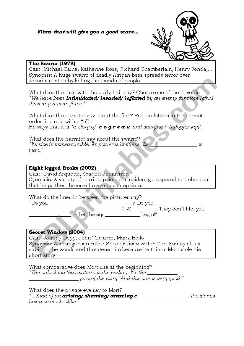 Scary movies worksheet