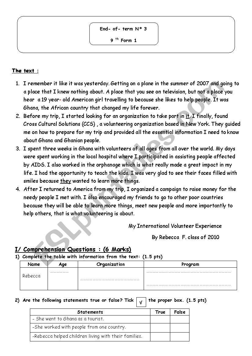 end of term test 3 9th form worksheet