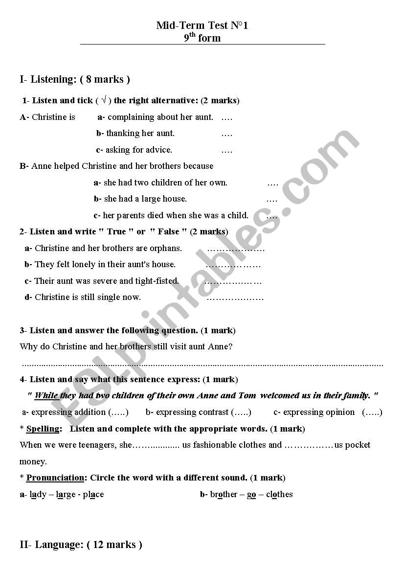 mid-term test 1 for 9th form  worksheet