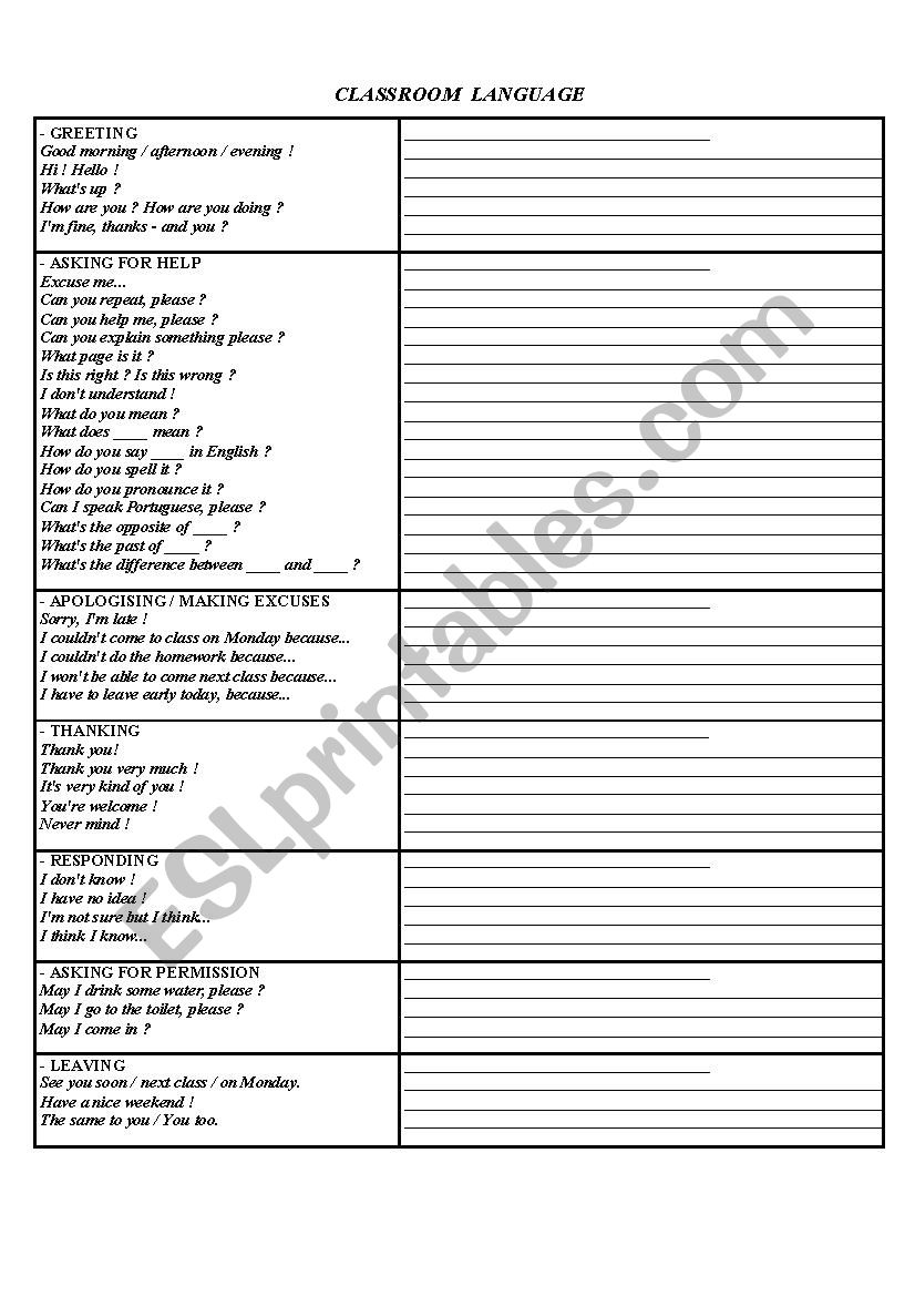 CLASSROOM LANGUAGE complete worksheet