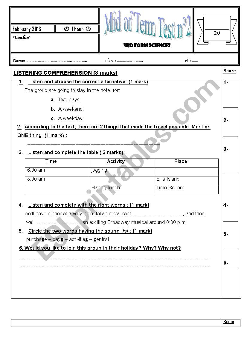 mid of second term 3rd form test