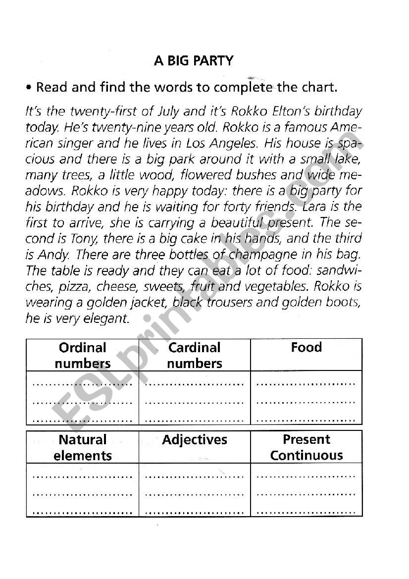 A BIG PARTY worksheet