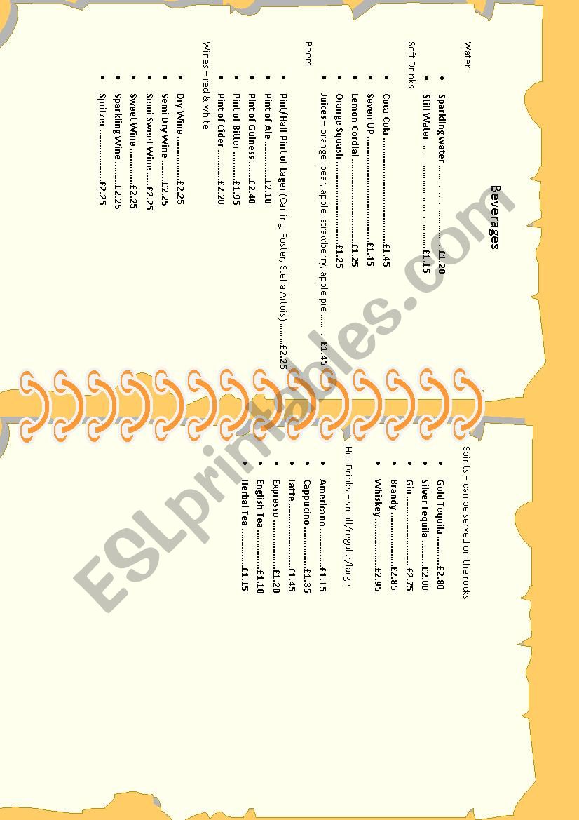 Beverage menu worksheet