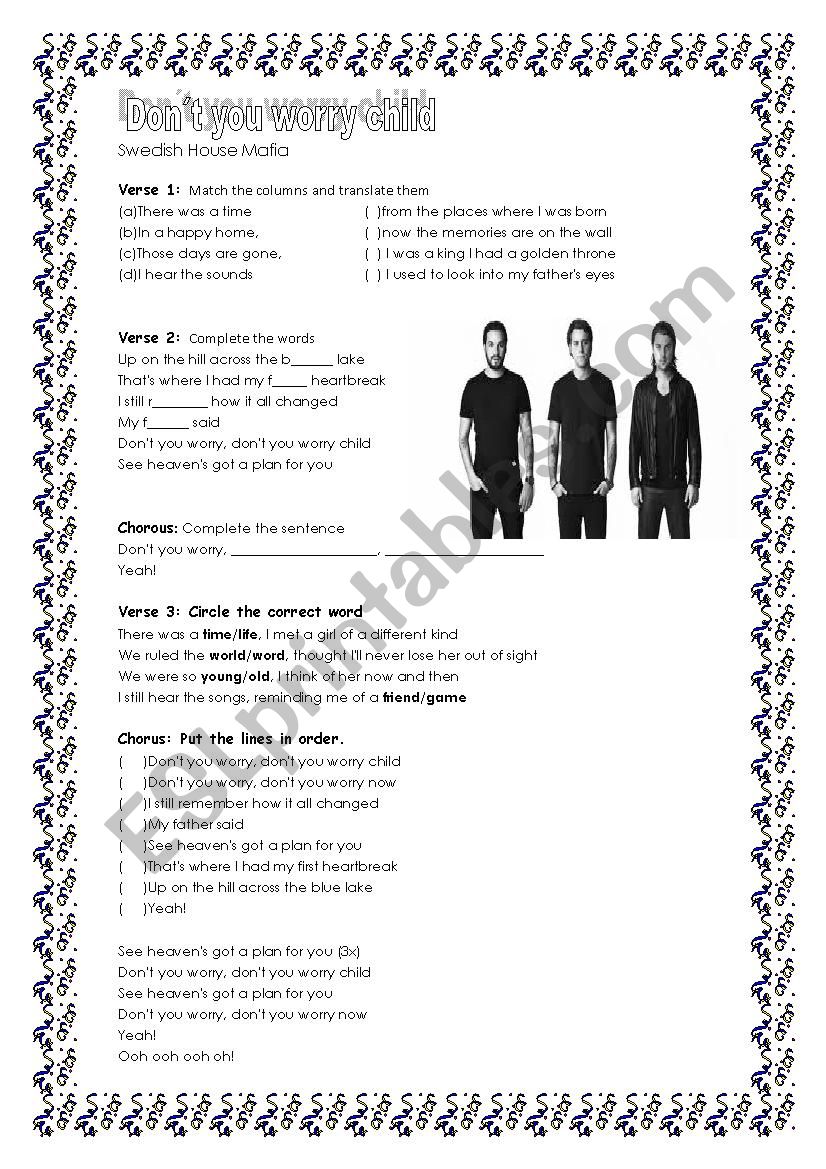 Lyric: DonÂ´t you worry child worksheet