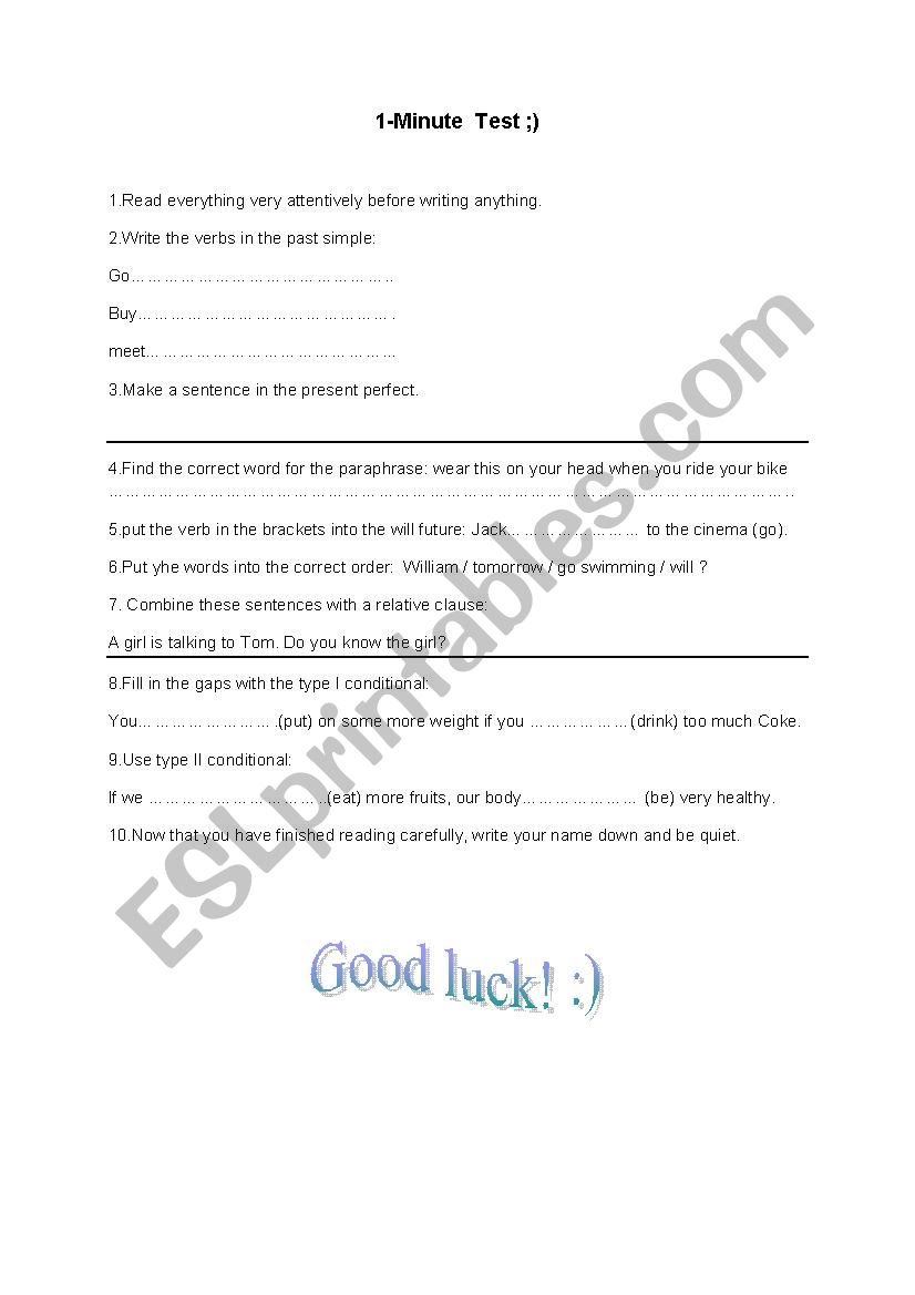 1 Minute Test worksheet