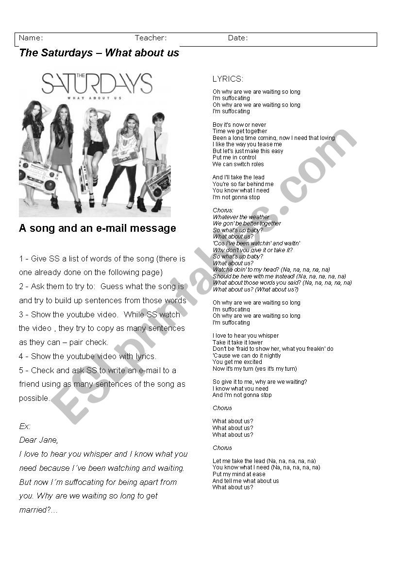 What about us - The Saturdays worksheet