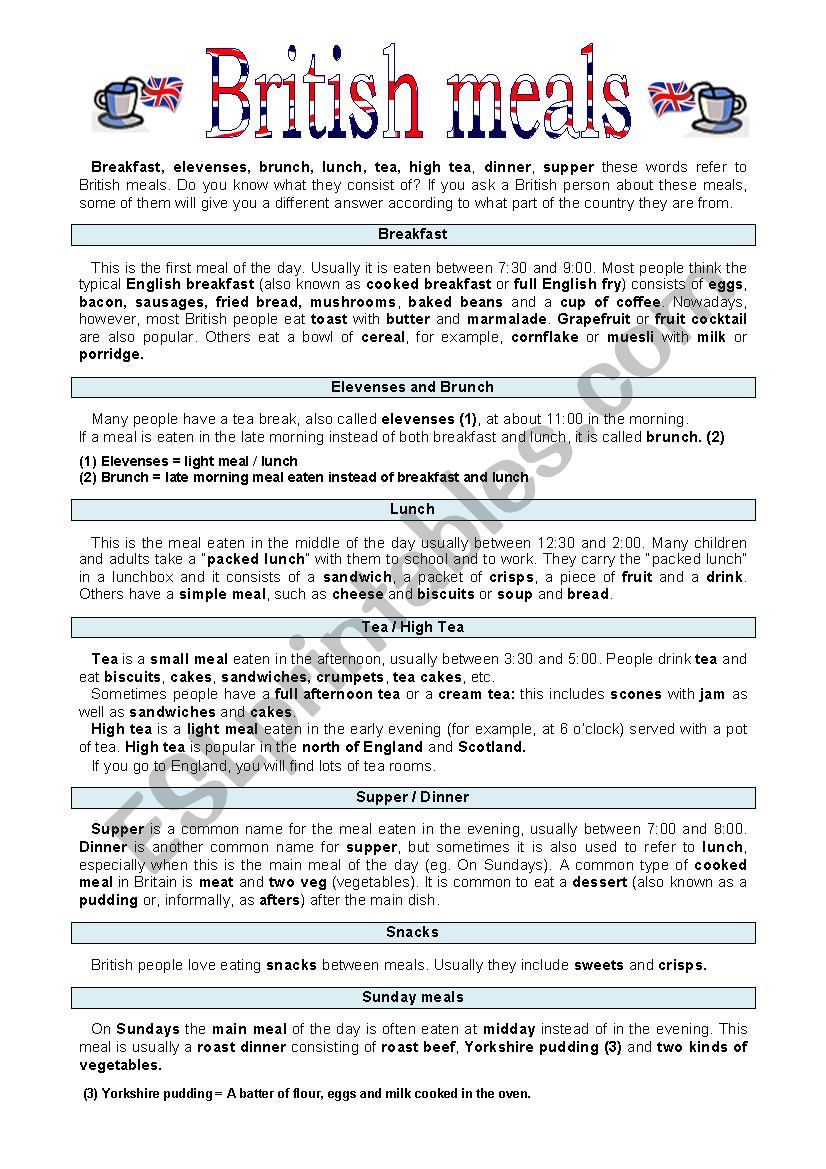 British meals worksheet