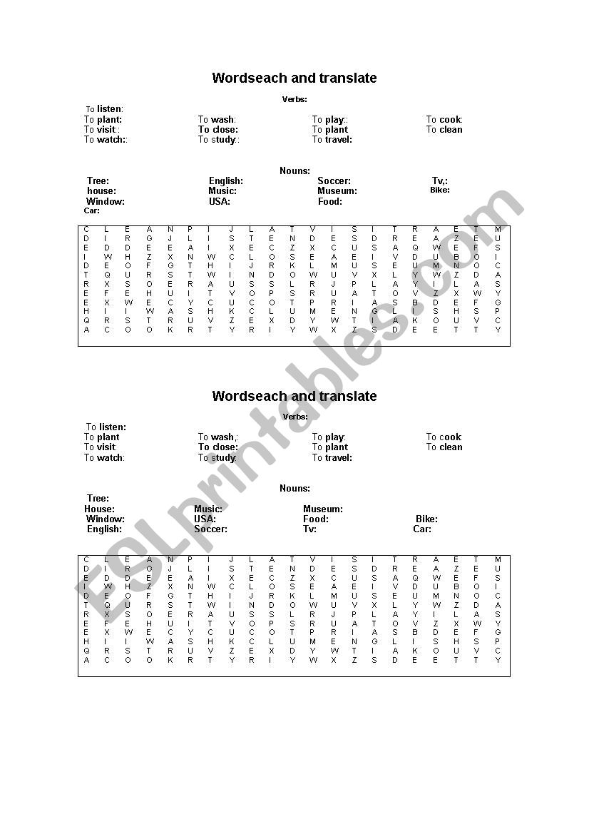 Wordseach and Translate worksheet