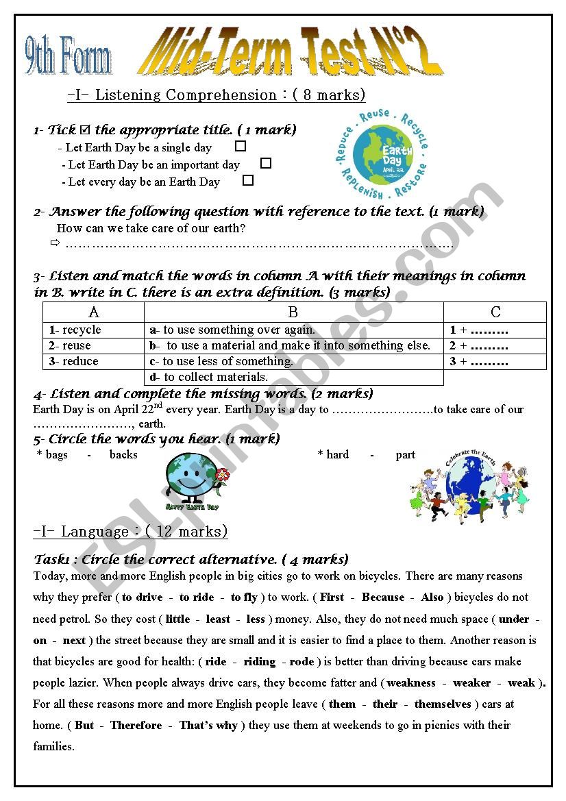 9th form Mid term test 2  worksheet