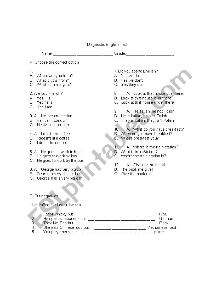 Diagnostic worksheet worksheet