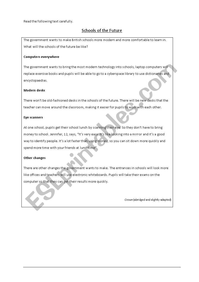Test -  Schools of the future worksheet