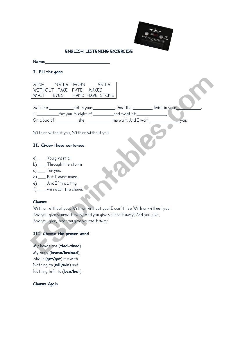 Song With or Without You worksheet