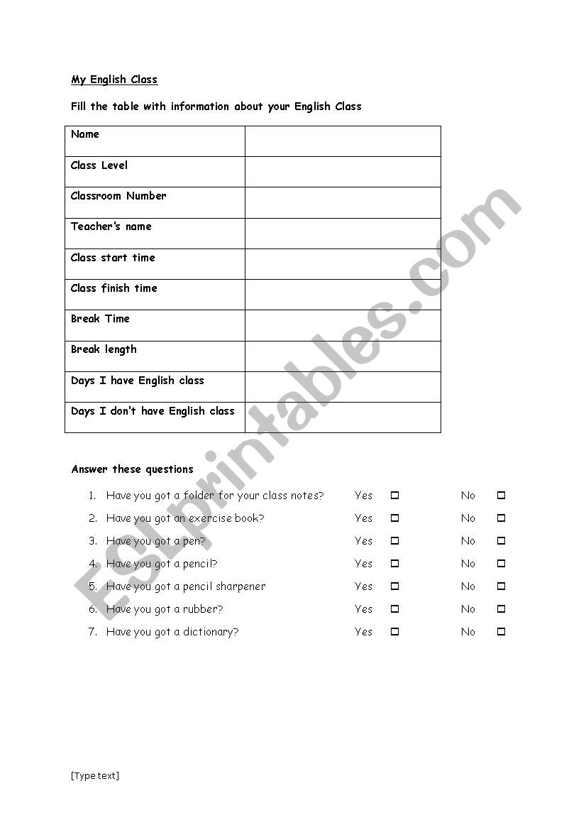 My English Class worksheet