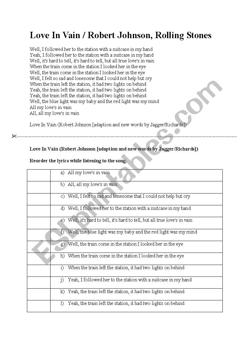 Love in vain  worksheet