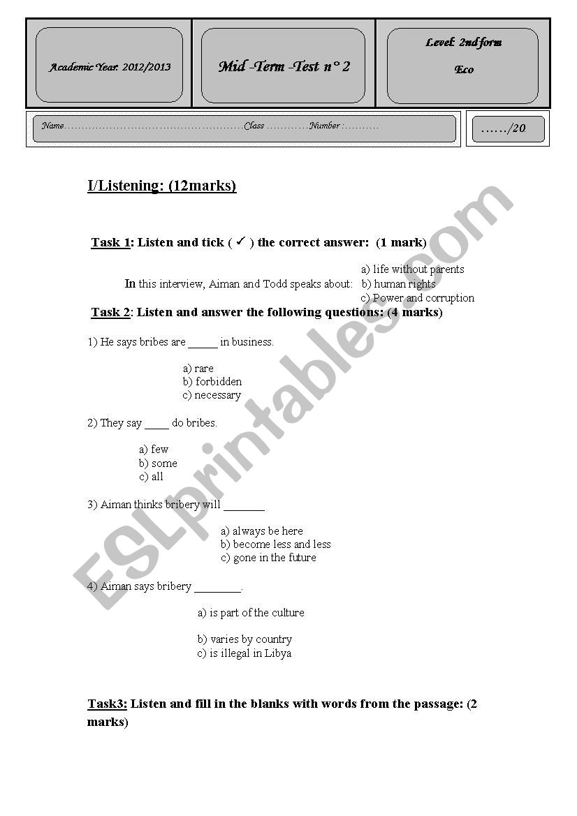 Mid term test 2 for 2nd Form worksheet