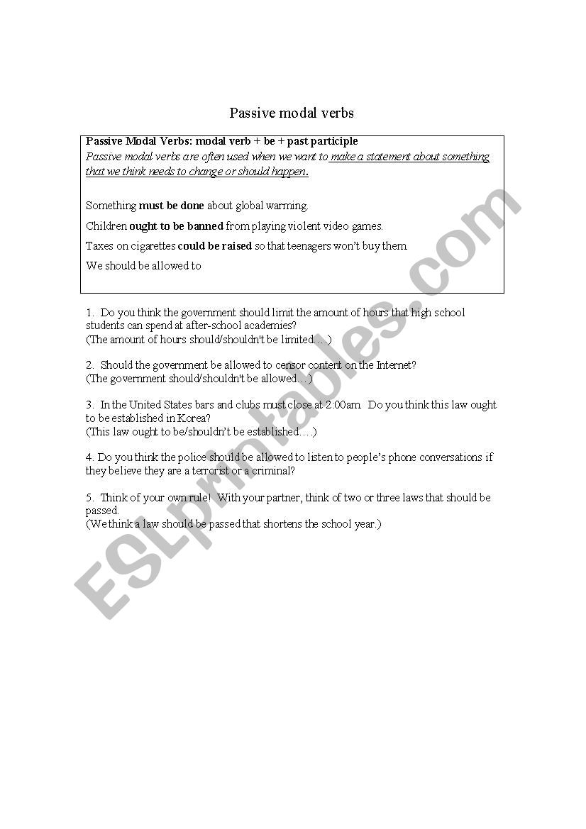 Passive Modal Verbs worksheet