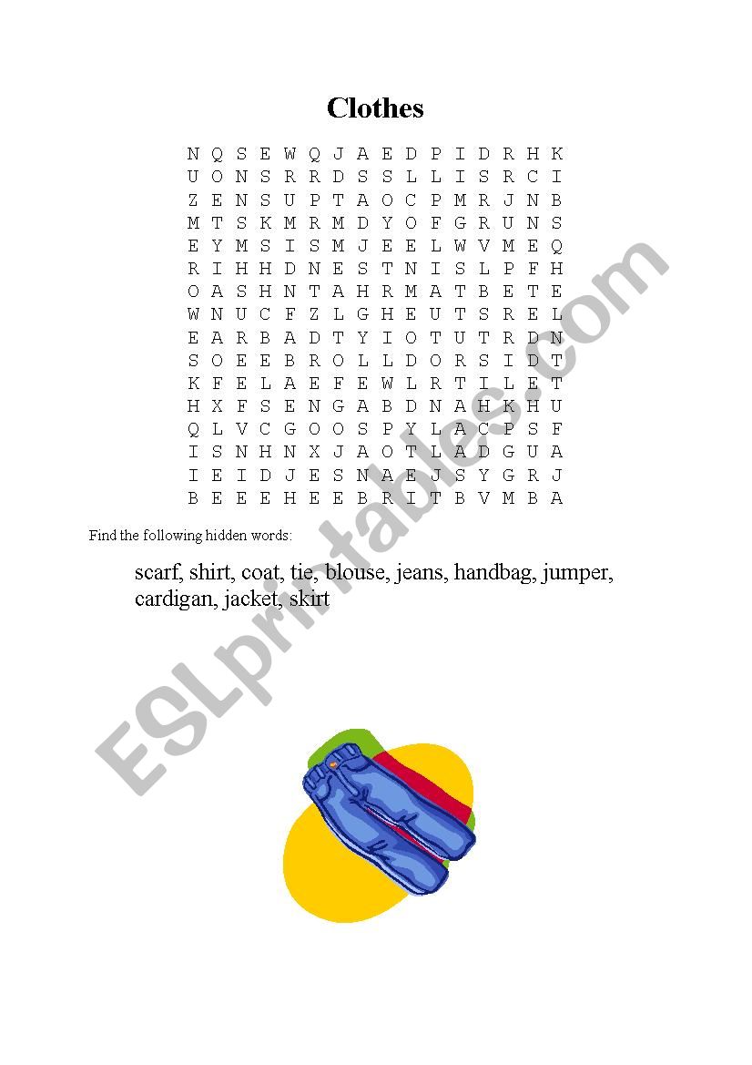 Wordsearch - clothes worksheet