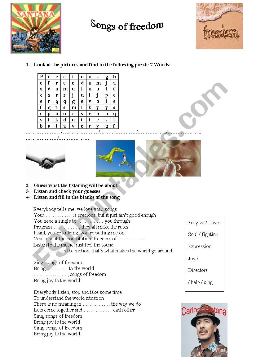 Songs of freedom worksheet