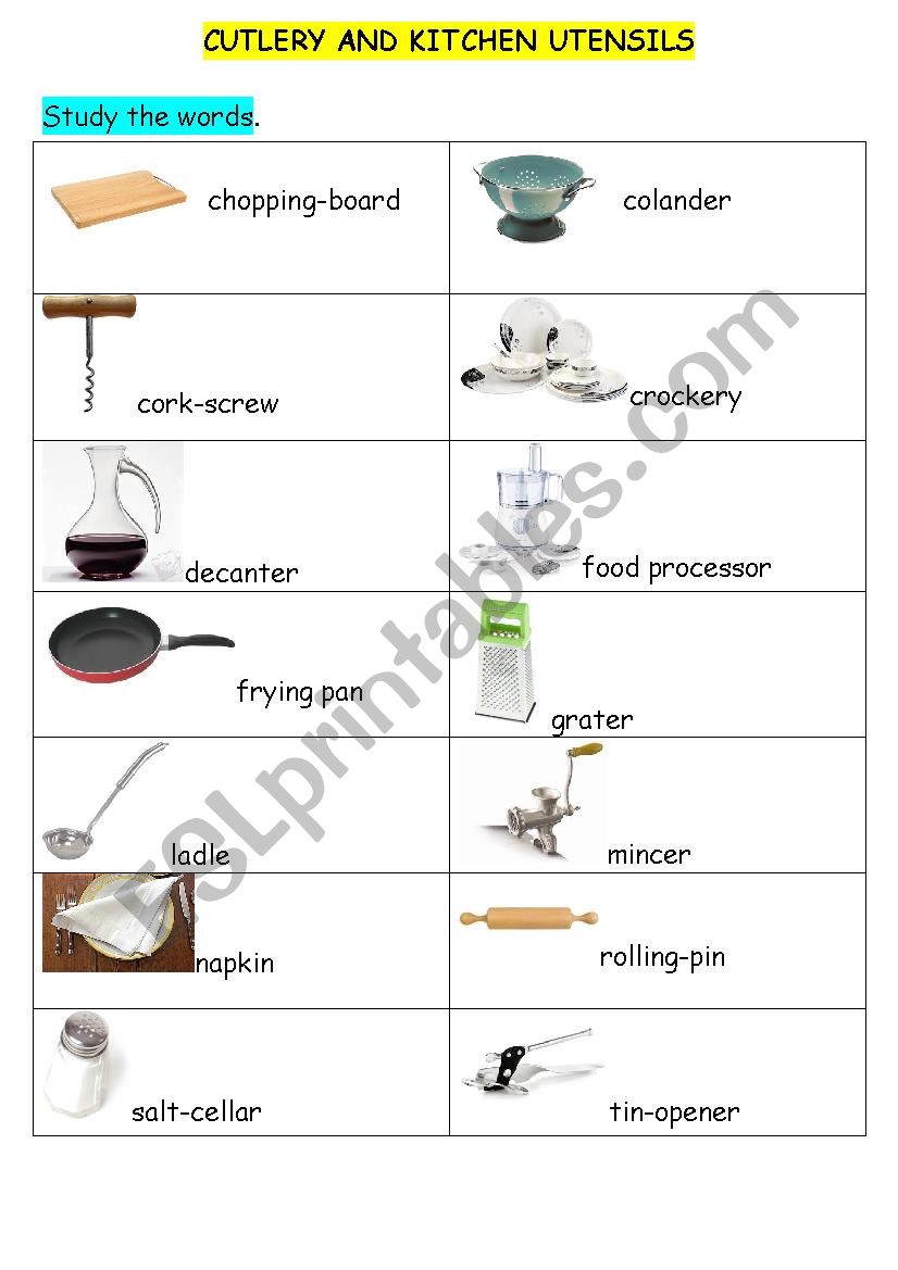 Cutlery and kitchen Utensils worksheet