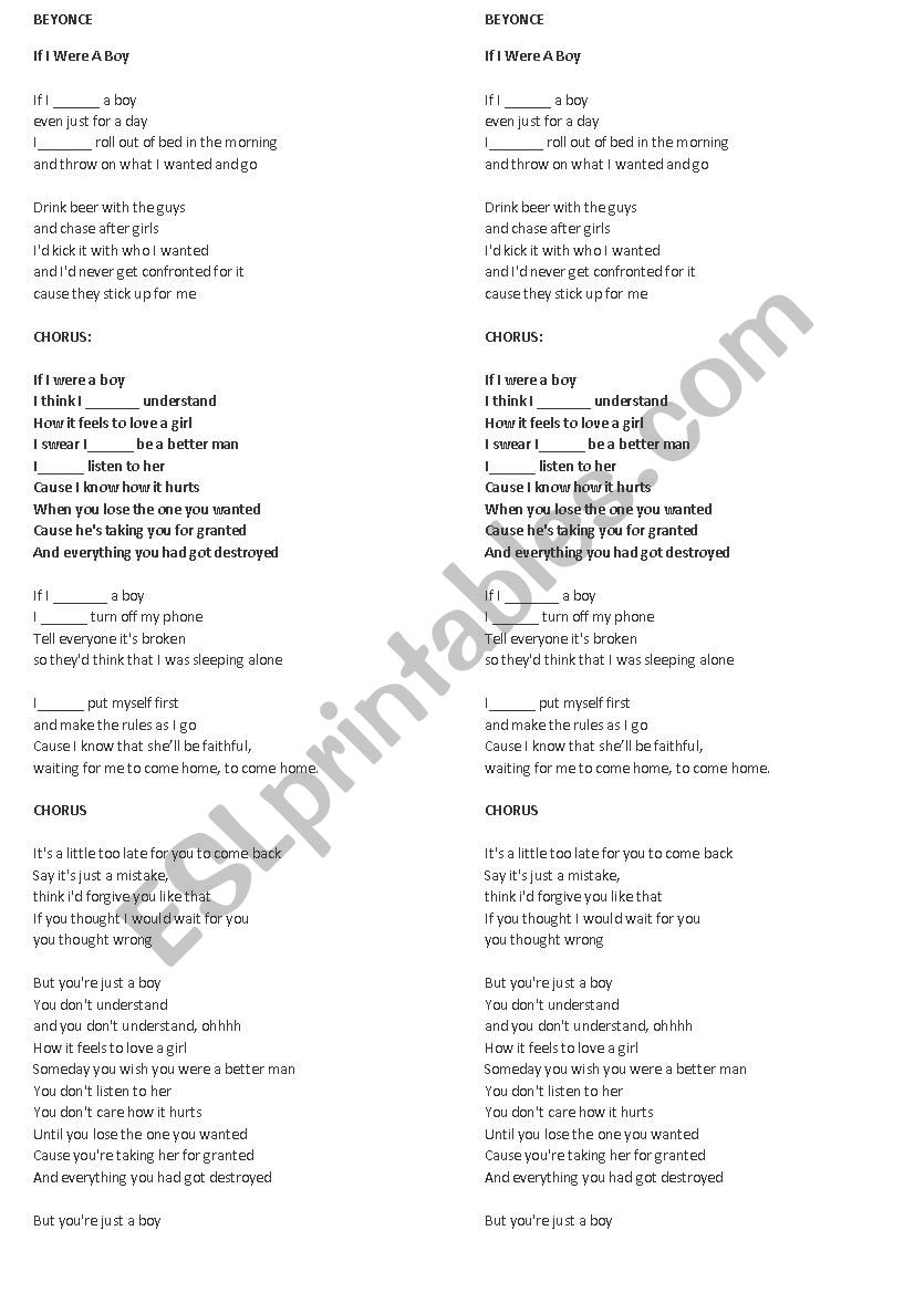 Beyonce - If I were a boy - ESL worksheet by kitty_cat