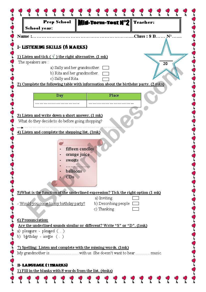 Mid-term Test worksheet