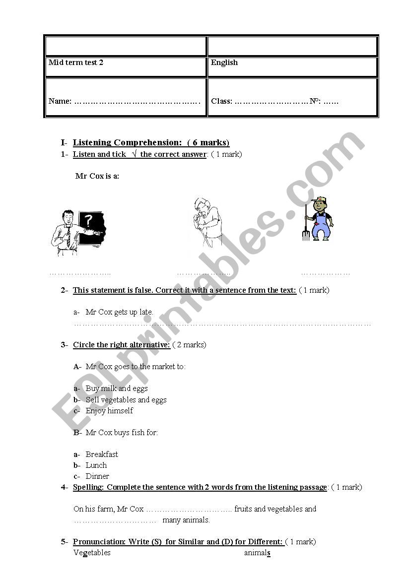 mid term test 2 7th form worksheet