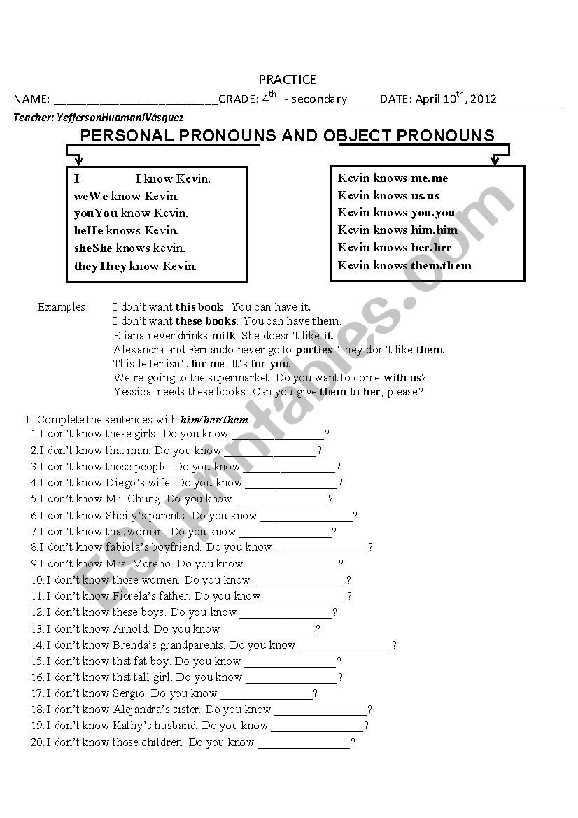 subject and object pronouns worksheet