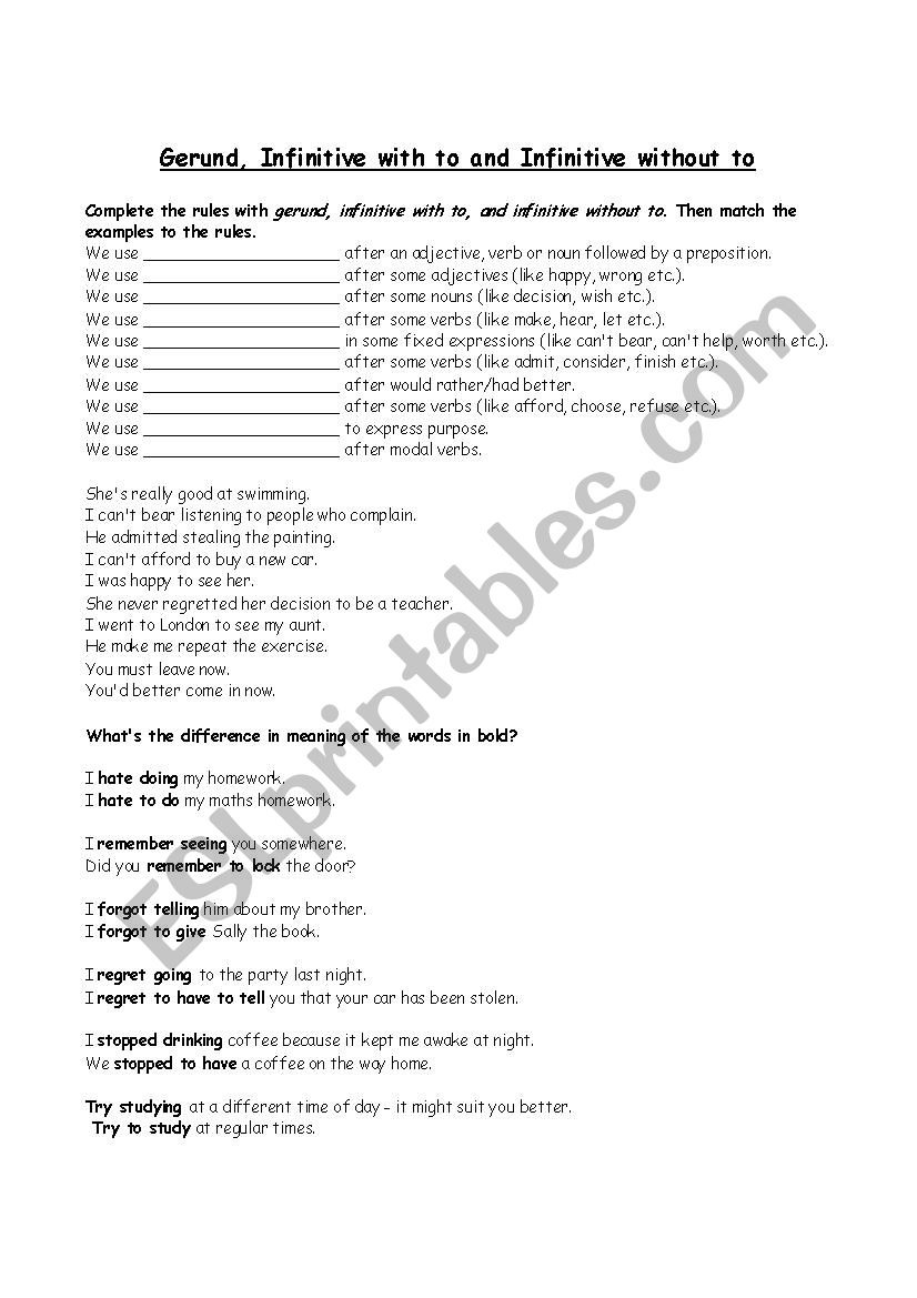 Gerund and Infinitve worksheet