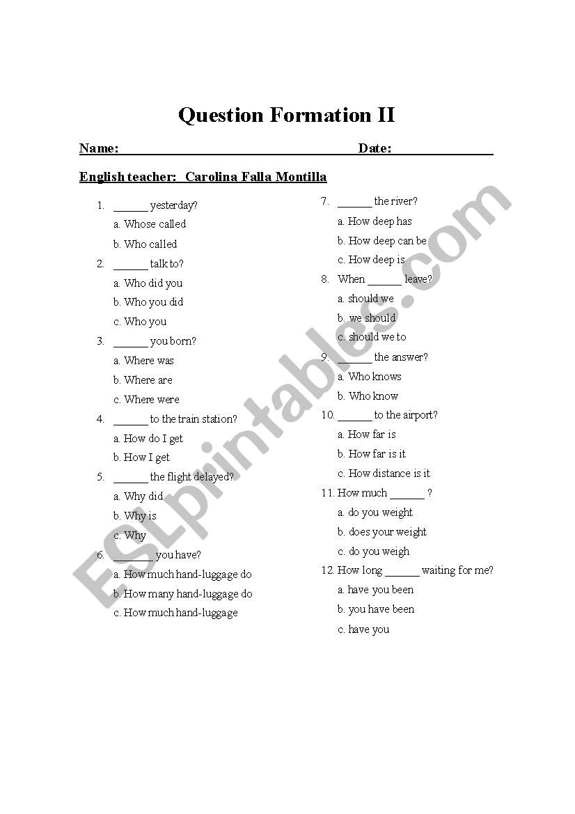 question formation worksheet