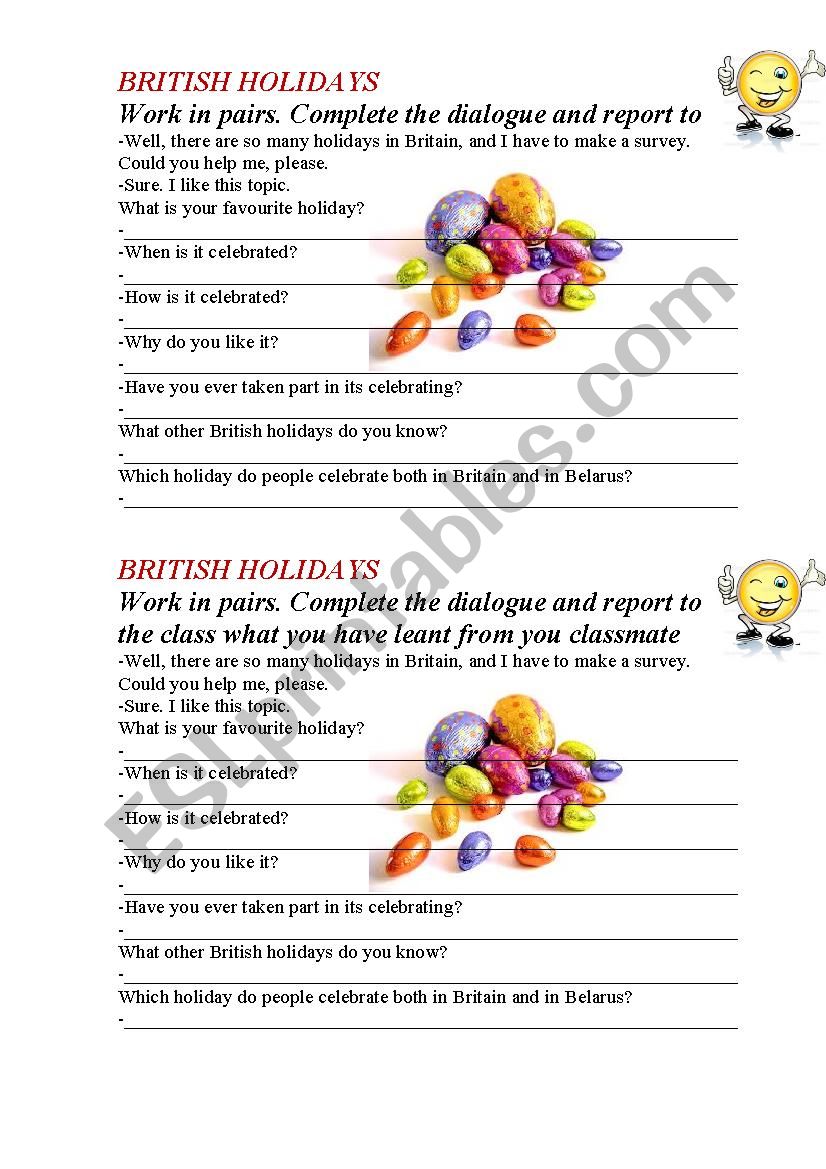 British holidays worksheet