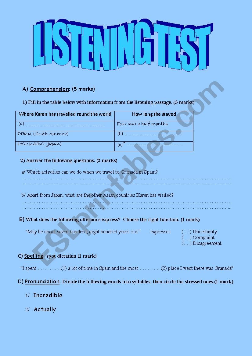 Listening test for 3rd formers( travelling around the world)