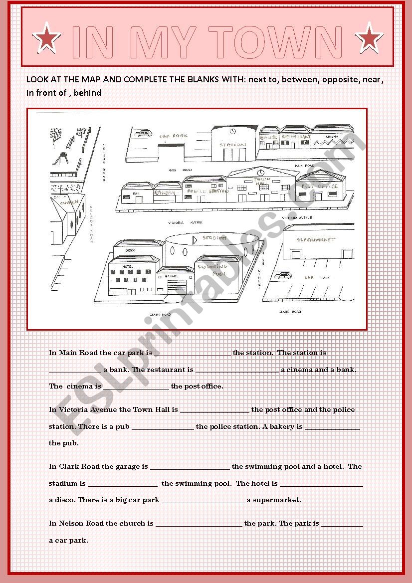 PREPOSITIONS OF PLACE TO DESCRIBE A TOWN CENTRE + KEY