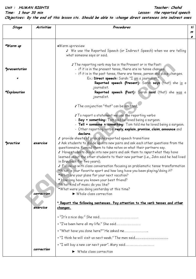 the reported speech worksheet