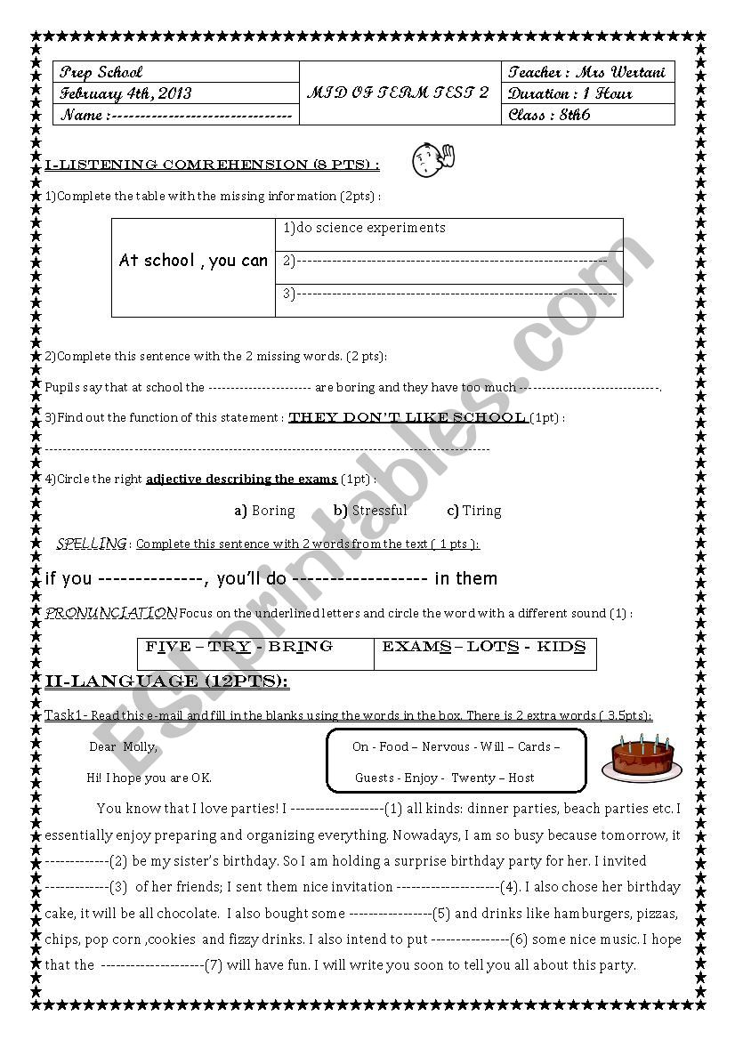 MID OF TERM TEST 2 8TH FORM worksheet