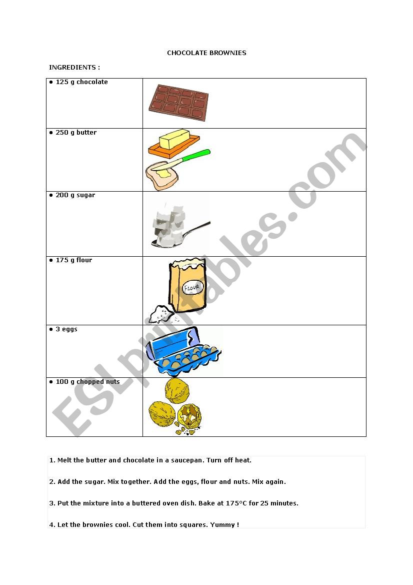 Recipe for chocolate brownie worksheet