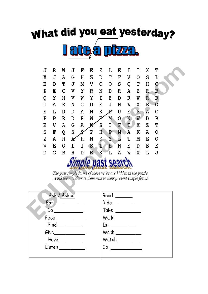 past simple word search worksheet