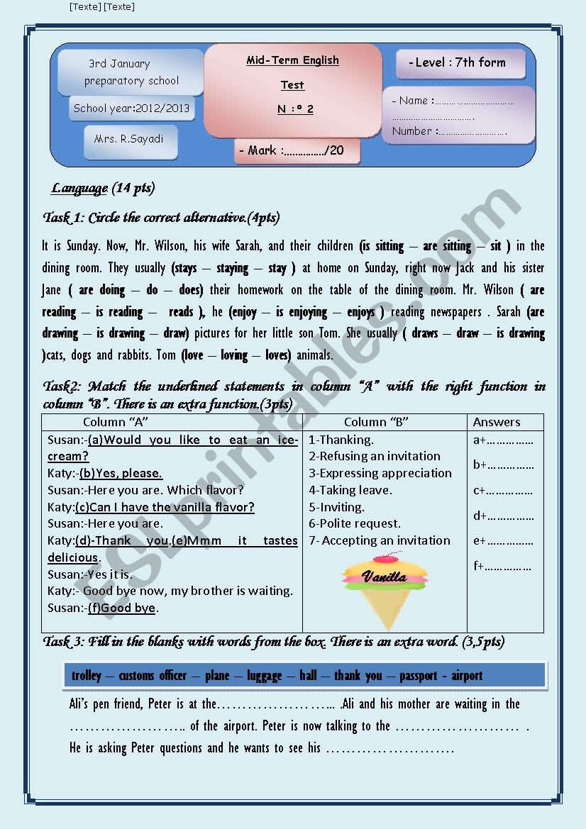 Mid term test nb2 7th form worksheet